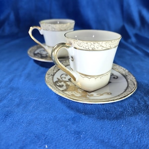 Vintage M Hand-Painted Japanese Demitasse Cup & Saucer Set – White Porcelain with Gilded Floral Design