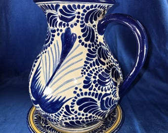 Vintage Talavera Pitcher and Plate Set by Enrique Ventosa – Hand-Painted Mexican Pottery Floral Design-Free Shipping
