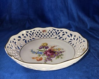 Vintage Schumann Arzberg Bavaria Reticulated Porcelain Bowl – Floral Bouquet with Gold Trim – German Decorative Dish