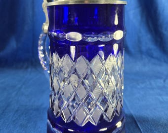 Vintage Nachtmann Cobalt Blue Cut Crystal Stein with Pewter Lid German Beer Mug
