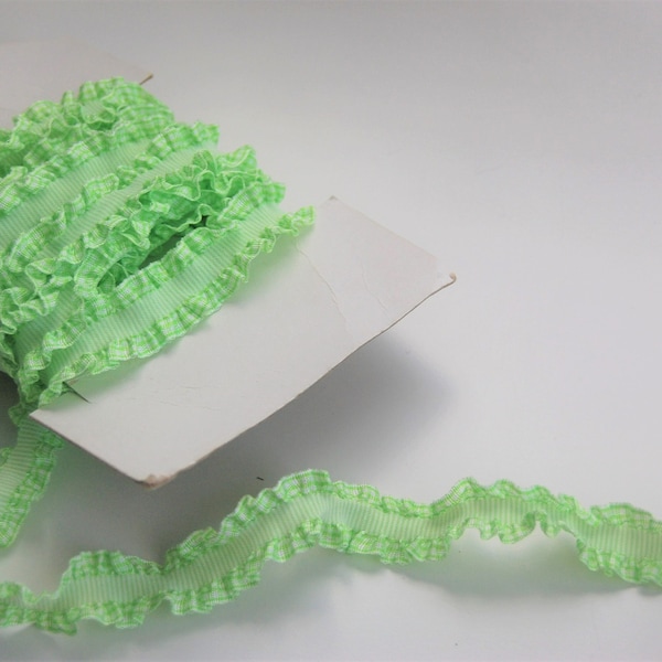 Pale lime green ruffled gingham lace by the yard, pale green ruffled sewing trim, stretch lace trim, dressmaker craft lace girly ruffle lace