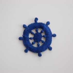 Captains Wheel Nautical Sailing Vintage Sew-On Applique, red blue vintage sewing trim notions, 1980s vintage patch, blue red boat ship trim