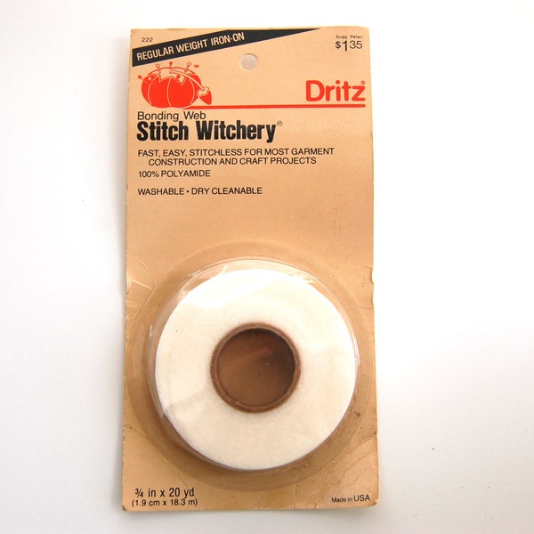 Vintage 1980s Dritz Stitch Witchery sewing notion tool, vintage collectible sewing notions, craft sew stitchless webbing original packaging
