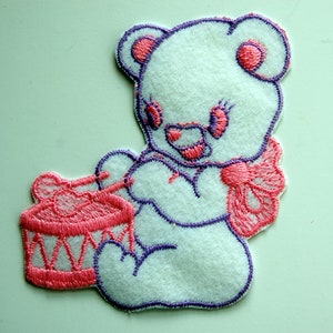 Baby Bear with Drum Vintage Sew-On Applique, pink and purple teddy bear, sewing trim notions children crafts, vintage 1980s vintage patch