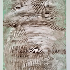 May include: Abstract painting with a textured, layered look. The painting features a white background with brown and green circles and lines.