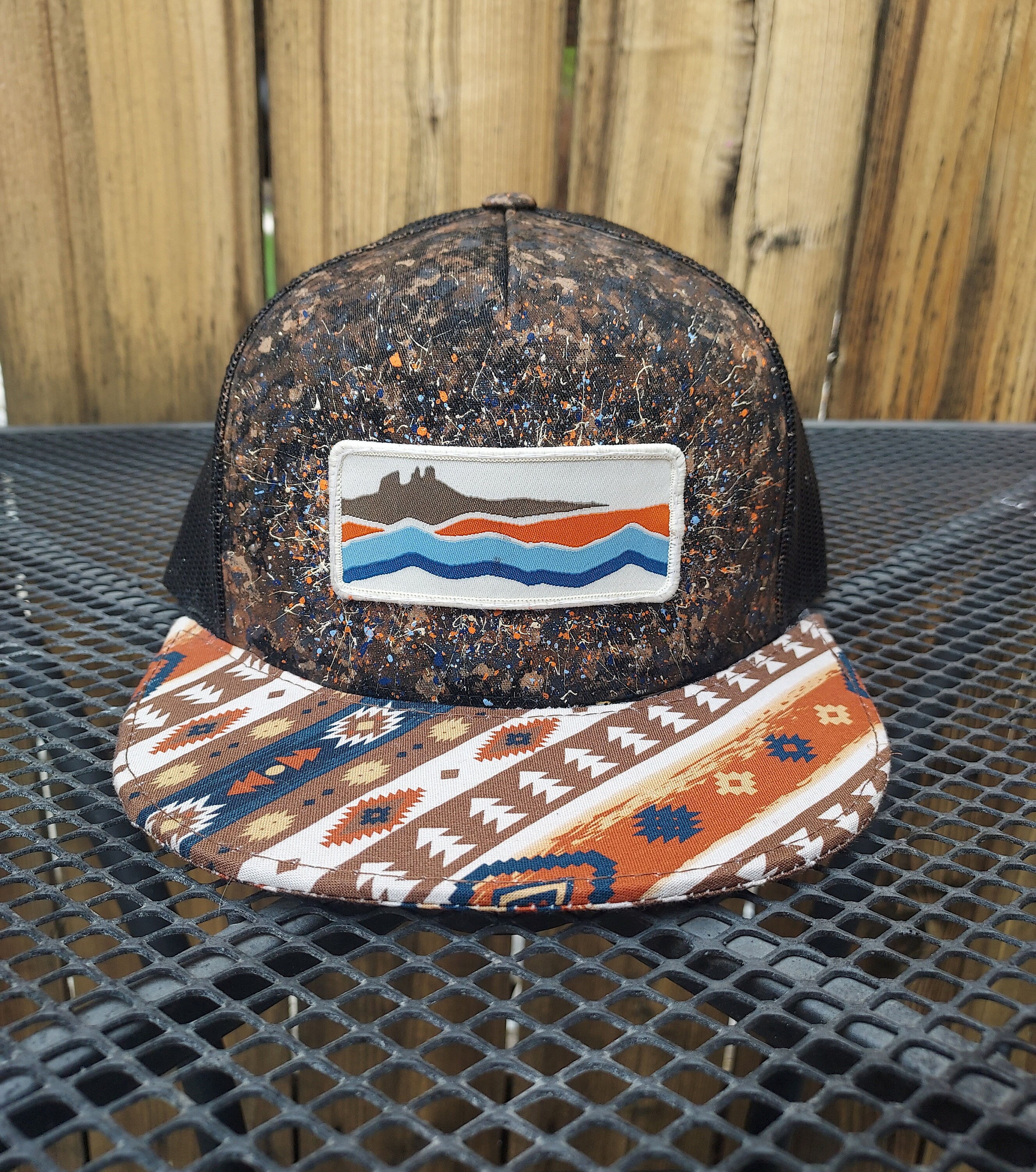 Unisex Hand-Painted Wide Brim Hat with Mountain Landscape ?️ Custom turquoise hat with mountain scenery main image 4