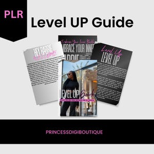 Op de afbeelding: Een digitale gids in roze en zwart met de tekst "Level Up Guide" en "Embrace Your Inner Barbie" op een witte achtergrond. De gids bevat tips voor zelfverbetering en persoonlijke groei.