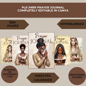 May include: A digital product mockup featuring a prayer journal with three different covers. The covers feature illustrations of women of color praying. The text on the mockup reads "Prayer Journal" and "Undated Calendar".