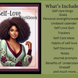 May include: A digital illustration of a self-love workbook cover featuring a woman with curly hair wearing a green and burgundy sweater. The workbook includes self-care bingo, goals, and journal prompts. The text on the right side lists the workbook's contents.