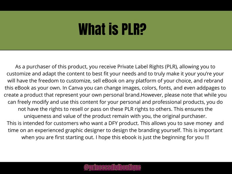 May include: Image with the text "What is PLR?" in black font on a green background. The text explains Private Label Rights, allowing customization and rebranding of an eBook. The bottom of the image has the text "@princessdigiboutique".