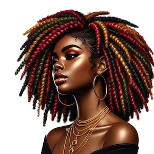 3 Beautiful Black Woman with colored locs, Clipart Ladies with Locs, Transparent PNG, 300dpi, Digital download