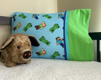 Minecraft Steve, Alex, and Creeper Characters in Green Standard Size Pillowcase Single Novelty Gift Birthday Gift
