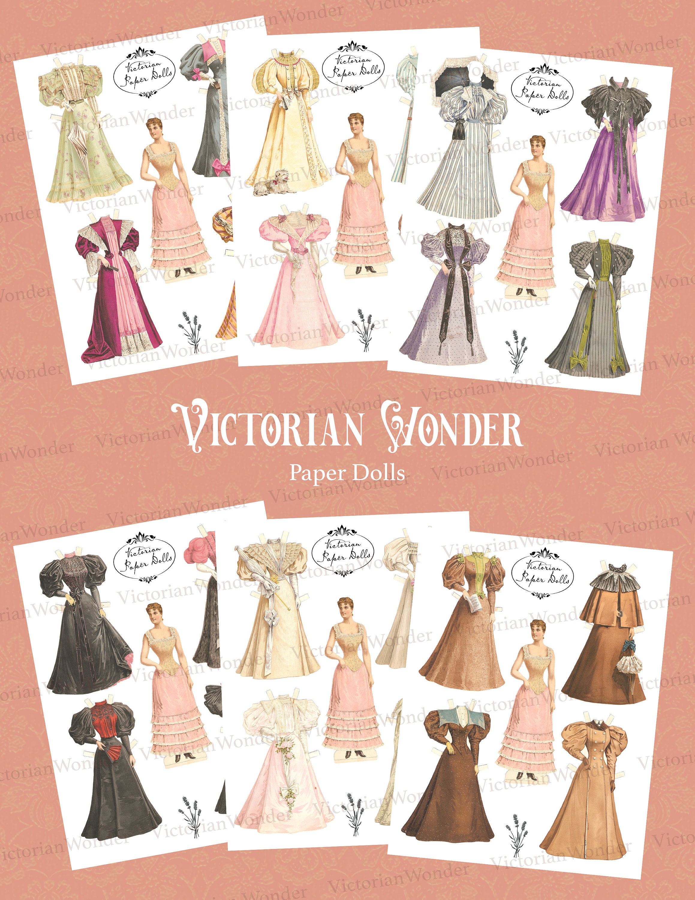 Antique Victorian Paper Doll Printable multiple Wardrobes Instant Digital Download, Print and
