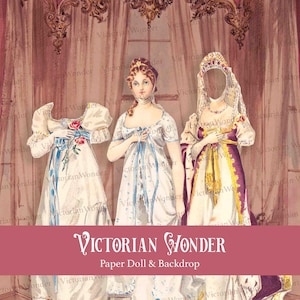 May include: A vintage paper doll set with three Victorian era dresses and a backdrop. The dresses are white, blue, and purple with intricate details. The set is labeled "Victorian Wonder" and includes a backdrop.