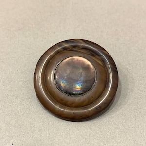 May include: A round, antique button with a brown, iridescent outer ring and a central, pearlescent, circular insert. The button has a raised, concentric design and a polished finish, suggesting it is made of shell or a similar material.