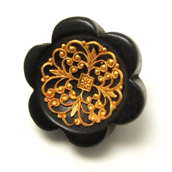 Vintage Buttons, Wood Buttons, Vintage 1930s Buttons, Black Wood Button, Large Button, Craft Button, Gold Filigree Button- 15/16"