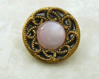 Vintage Pink Glass in Metal Button-Twinkle Border-7/8" across-Great for crafts, sewing, knitting, crochet or collecting-Excellent condition