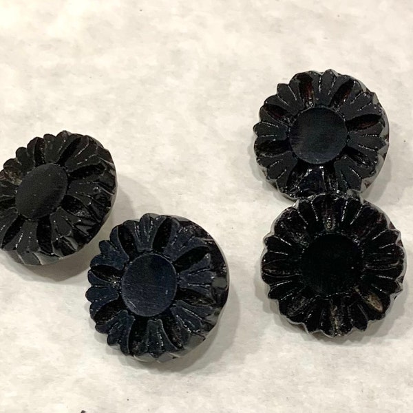 Four Antique Black Glass Buttons-Matching set-Shaved Top-Flower like design-Great for crafts-11/16"-Collectible-1 has a chip-BG7