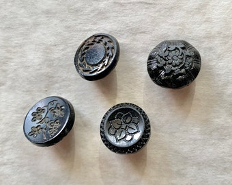 Group of Four Black Glass Buttons-Mixed Styles-Faceted-Flower w/Wreath-Shaved Top w/Wreath-Recessed Flower-Grapes-Small-BG2