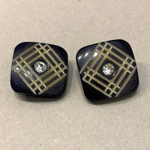 Medium Vintage Black Celluloid Button with Cross hatch design and rhinestone-Can be used in crafts like sewing, knitting, crochet- 1  1/16"