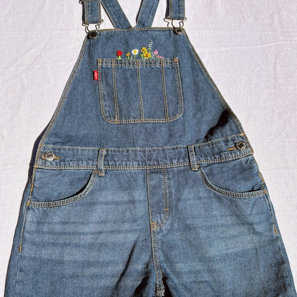 Girl’s Levi’s denim hand embroidered floral overalls (pink Levi’s shirt included). Size L (12/14) in girls.