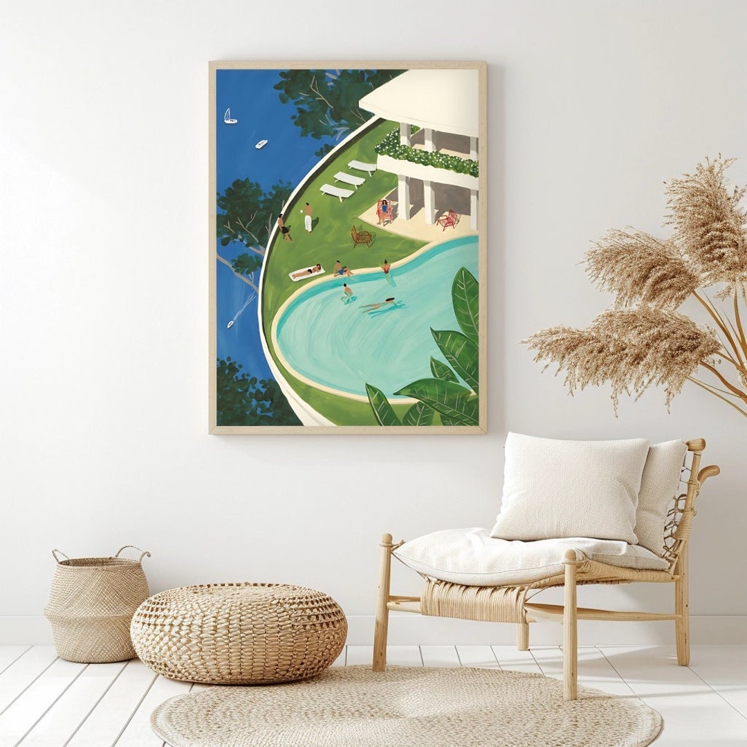 Vintage Pool Poster Retro Mansion Wall Art, Pool Canvas, Original Wall ...