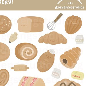 May include: A collection of cute cartoon bakery items, including bread, rolls, pastries, and a pretzel. The items are all brown and beige and have happy faces. The text "BAKERY!" is at the top of the image, and the text "@DENGDENGSTUDIOS" is at the bottom of the image.