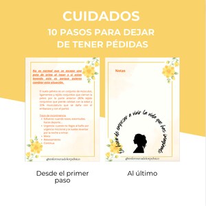 Puede incluir: Dos ilustraciones florales amarillas y blancas con texto en español. La imagen de la izquierda tiene el texto "CUIDADOS 10 PASOS PARA DEJAR DE TENER PÉDIDAS" y la imagen de la derecha tiene el texto "Notas" y "@enfermeradolorpelvico". El texto debajo de las imágenes dice "Desde el primer paso" y "Al último".