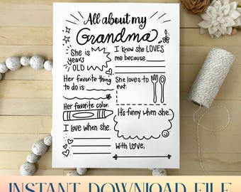Página para colorear imprimible del Día de los Abuelos para niños: Todo sobre mi (nombre del abuelo, 12 opciones)