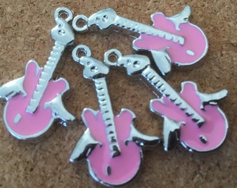 rockabilly winged guitar PINK charms x 4 pieces