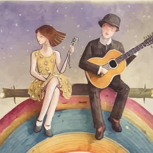 Puede incluir: Ilustración en acuarela de una pareja sentada en un arcoíris. La mujer sostiene un micrófono y el hombre toca la guitarra. La mujer lleva un vestido amarillo y el hombre un traje. Hay conejos en la hierba debajo.