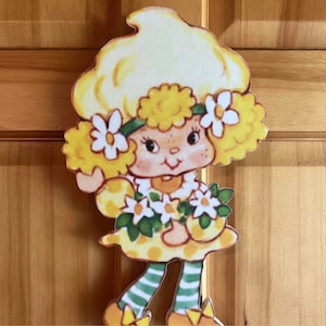Vintage style Strawberry Shortcake friend Lemon Merigue hand cut wooden plaque ready to display with hardware attached to back