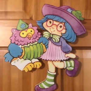 Strawberry Shortcake Plum pudding with pet owl wooden hand cut plaque hanger vintage style ready to display party gift or prop themed room