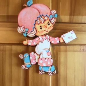 Apricot Strawberry Shortcake vintage style Hand cut 1/2” thick wooden plaque ready to hang with hardware attached to back for easy display