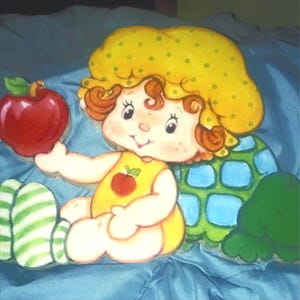 Apple Blossom Strawberry Shortcake vintage style Hand cut 1/2” thick wooden plaque ready to hang  hardware attached to back for easy display
