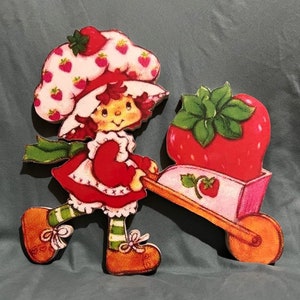 Strawberry Shortcake Wagon sign cut out wooden hand cut plaque hanger vintage style ready to display with hardware attached to back gift