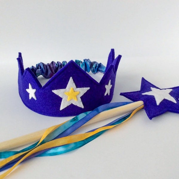 Wool Felt Crown and Wand-- silk and wool Star Child play set-- indigo with hand dyed silk streamers