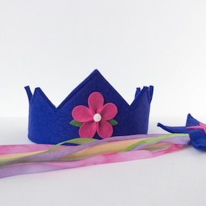 Wool Felt Crown and Wand silk and wool Fairy Child play set indigo and berry with silk streamers image 1