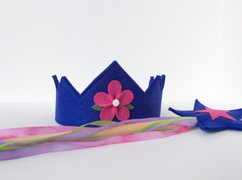 Wool Felt Crown and Wand silk and wool Fairy Child play set indigo and berry with silk streamers image 1