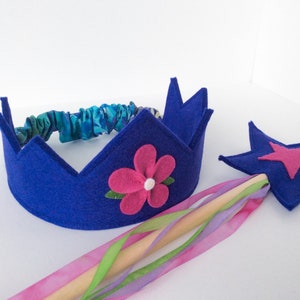 Wool Felt Crown and Wand silk and wool Fairy Child play set indigo and berry with silk streamers image 2