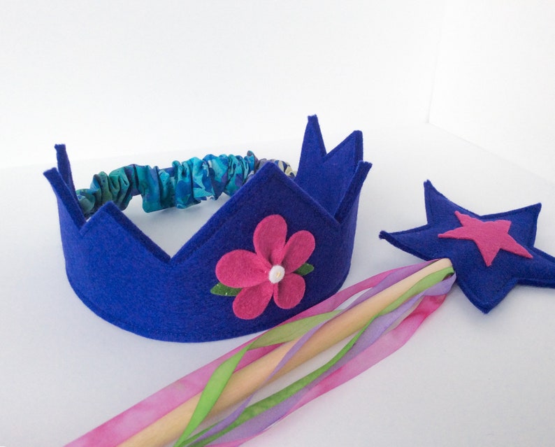 Wool Felt Crown and Wand silk and wool Fairy Child play set indigo and berry with silk streamers image 2