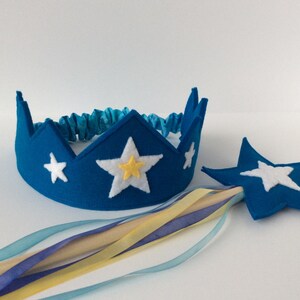 Wool Felt Crown and Wand silk and wool Star Child play set in vibrant blue with hand dyed silk streamers image 1