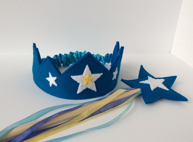 Wool Felt Crown and Wand silk and wool Star Child play set in vibrant blue with hand dyed silk streamers image 1