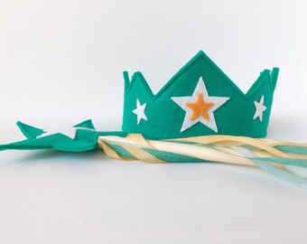 Wool Felt Crown and Wand-- silk and wool Star Child play set-- teal with hand dyed silk streamers