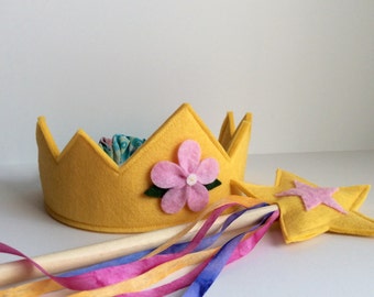 Wool Felt Crown and Wand-- silk and wool Fairy Child play set made with 100% merino wool-- beautiful natural and handmade