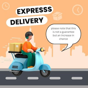 Op de afbeelding: Een cartoonillustratie van een bezorger die op een blauwe scooter rijdt met een pakket op de achterkant. De tekst "EXPRESSS DELIVERY" staat in een spraakballon boven de scooter. De tekst "please note that this is not a guarantee but an increase in chance" staat in een spraakballon rechts van de scooter.