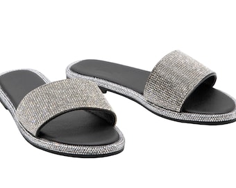 Damen Runde Zehe Strass Detaillierte Flache Slide Sandale