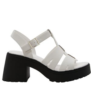 May include: White leather platform sandals with a chunky black heel and buckle closure.