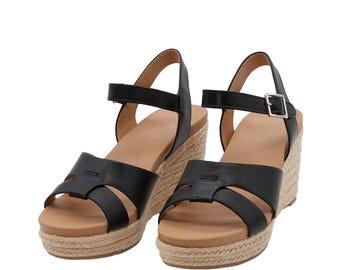 Damen Dual Band Open Toe Wedge Espadrille Sandale mit verstellbarem Knöchelriemen