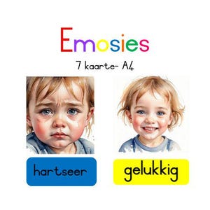 Könnte beinhalten: Zwei Aquarell-Illustrationen von Kindergesichtern. Das erste Bild zeigt ein Kind mit Tränen in den Augen und einem traurigen Ausdruck. Das zweite Bild zeigt ein Kind, das lächelt und einen glücklichen Ausdruck hat. Der Text unter den Bildern lautet "hartseer" und "gelukkig".